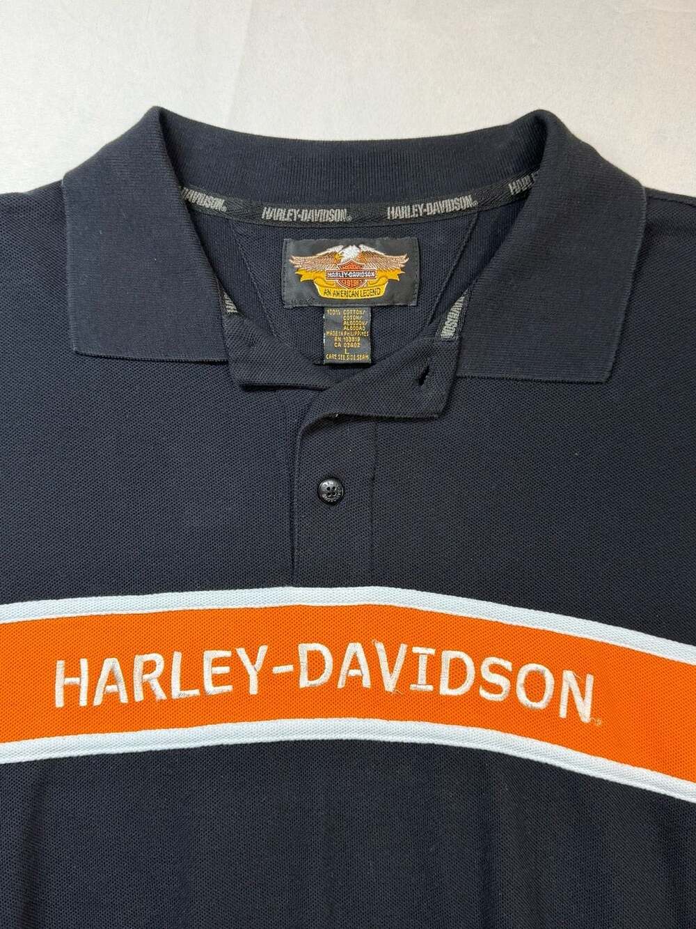 Harley-Davidson Mens L Black Orange Stripe Polo Shirt Embroidered Logo - Picture 3 of 7